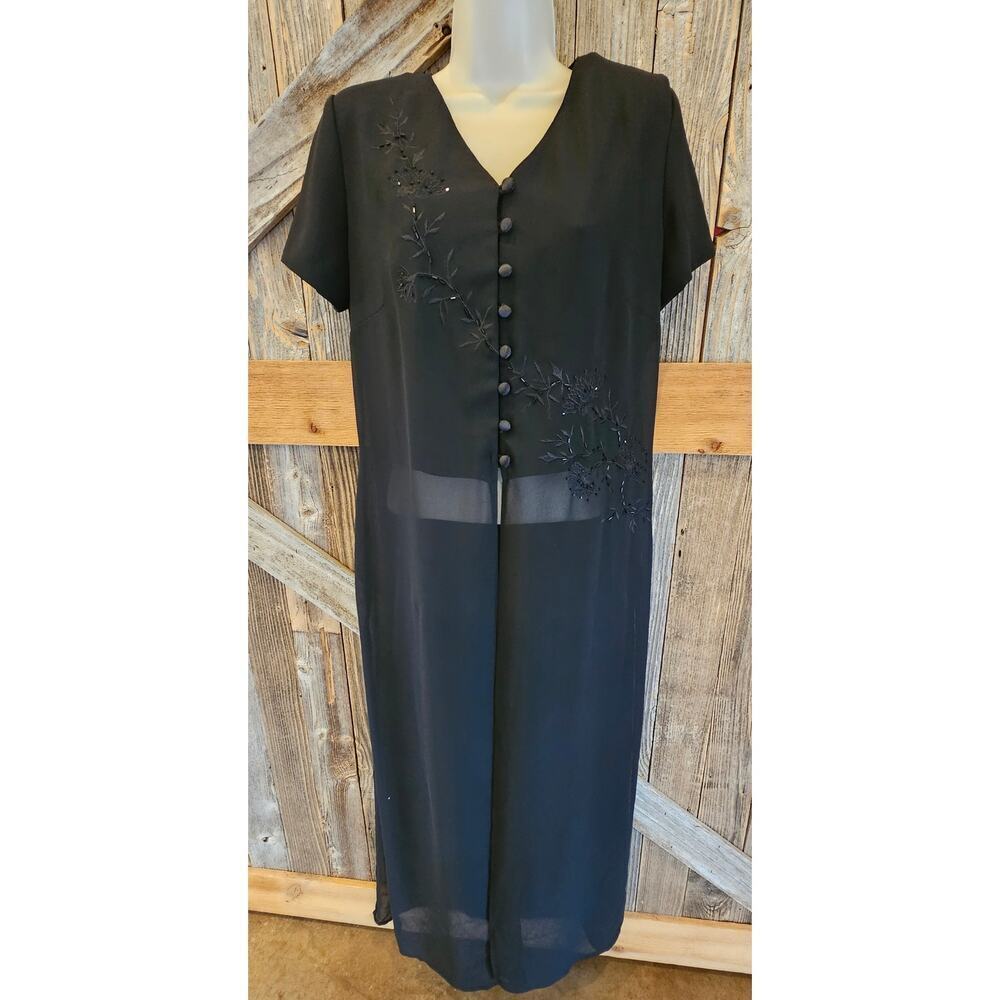 Dressbarn Black Button Up Sheer Legs Deep Slits Beaded Glam Dress Size 10